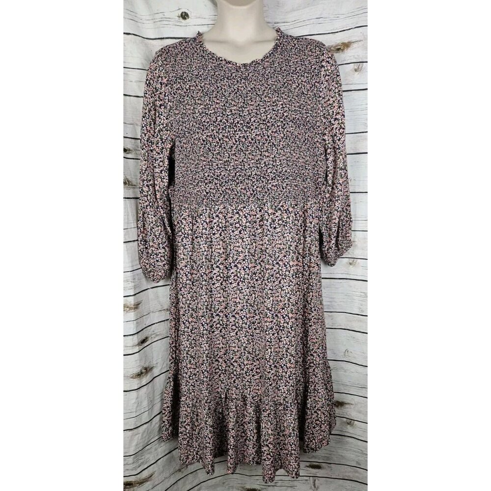Old Navy Navy Pink Floral Smocked Dress 3X Ruffle Cottagecore Prairie Long Slv